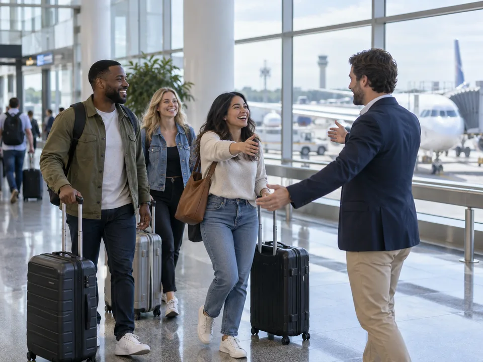 Travelers greeting one another with luggage at an airport terminal