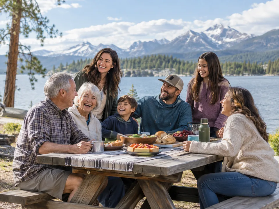 Friends and family enjoying a lakeside picnic together