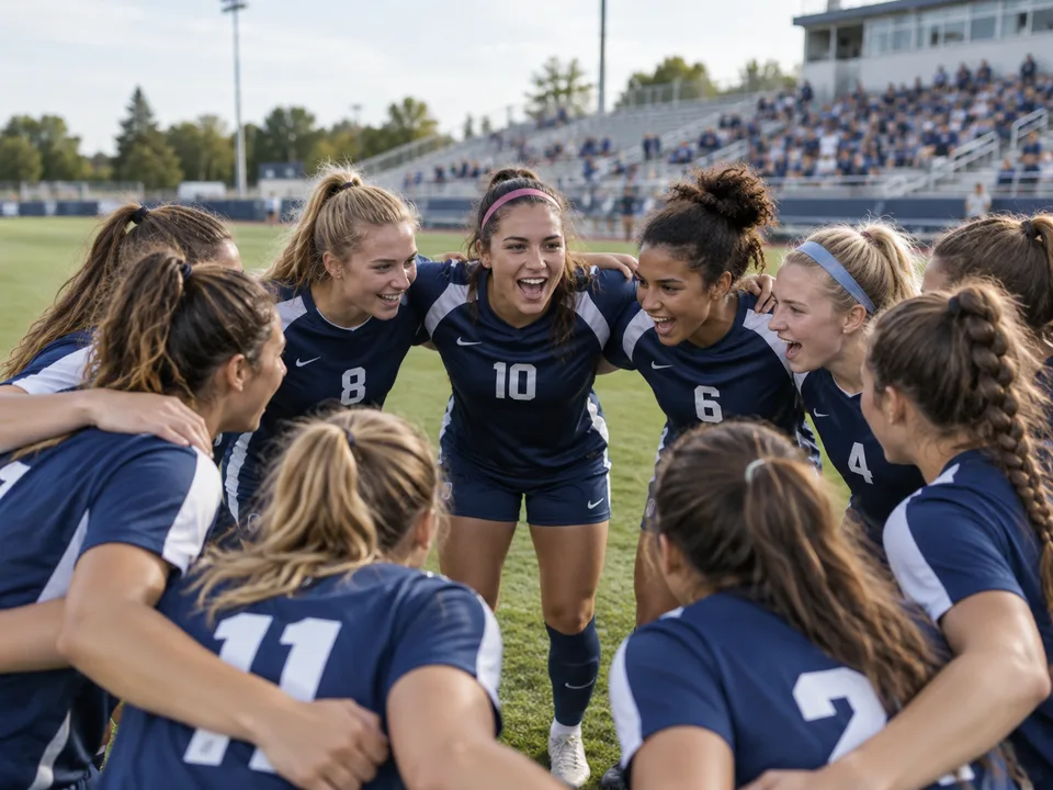 A college soccer team joining a pregame huddle on the field
