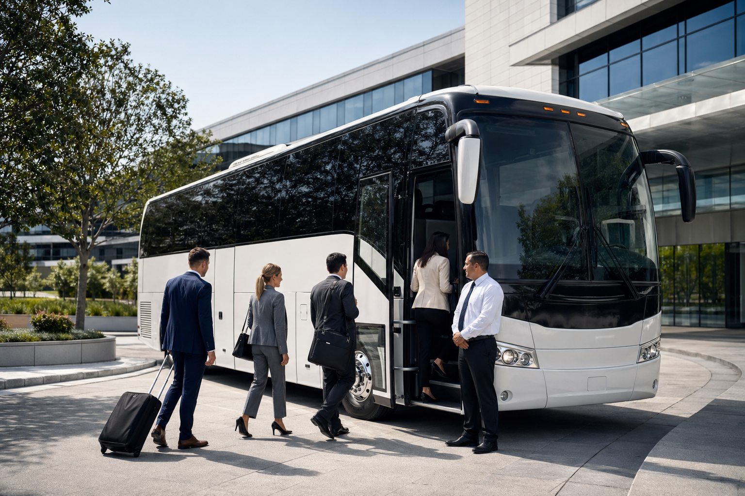 A full-size charter coach bus with business travelers boarding near a modern venue